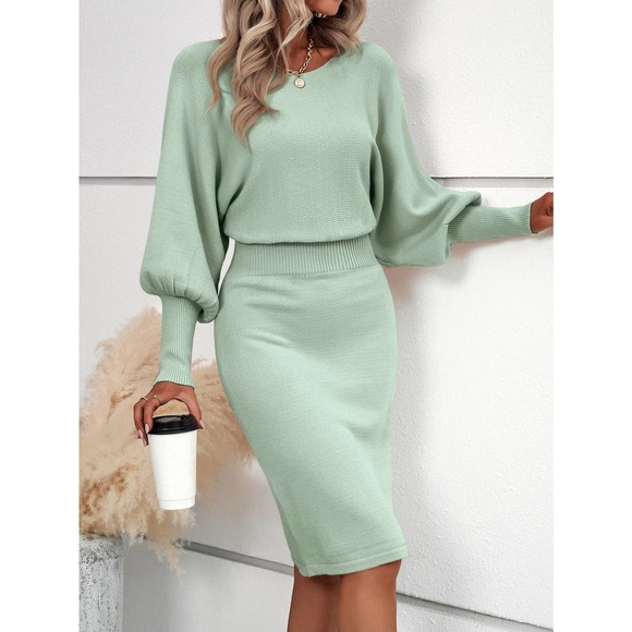 Business casual cozy Batwing Sleeve Sweater Dress midi cream - Picture 6 of 12